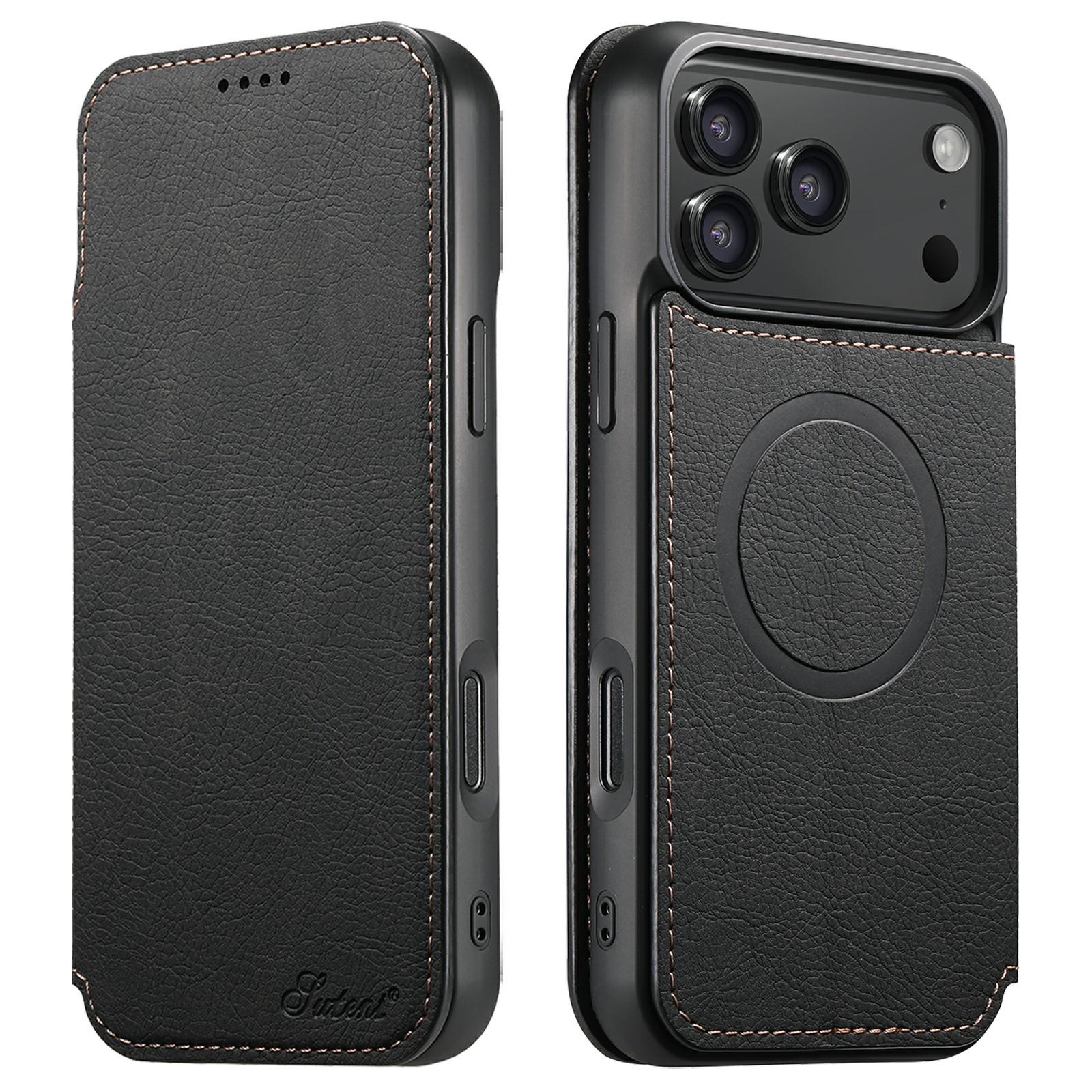 

SUTENI J06 For iPhone 17 Pro Max Case Litchi Texture Leather Wallet Phone Shell Compatible with MagSafe Black