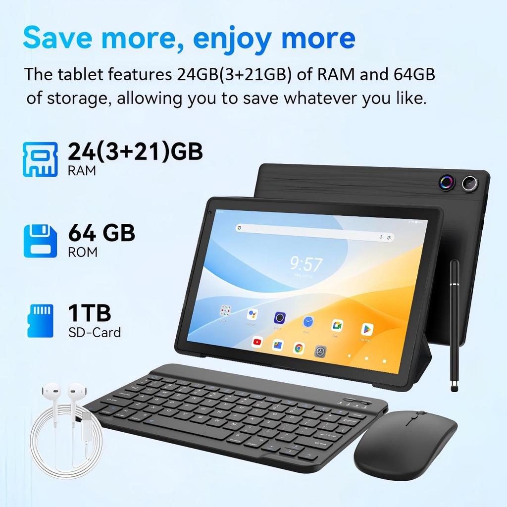Android 15 Tablet, 10.1 Inch, 24GB RAM+64GB ROM, Keyboard And Mouse Set