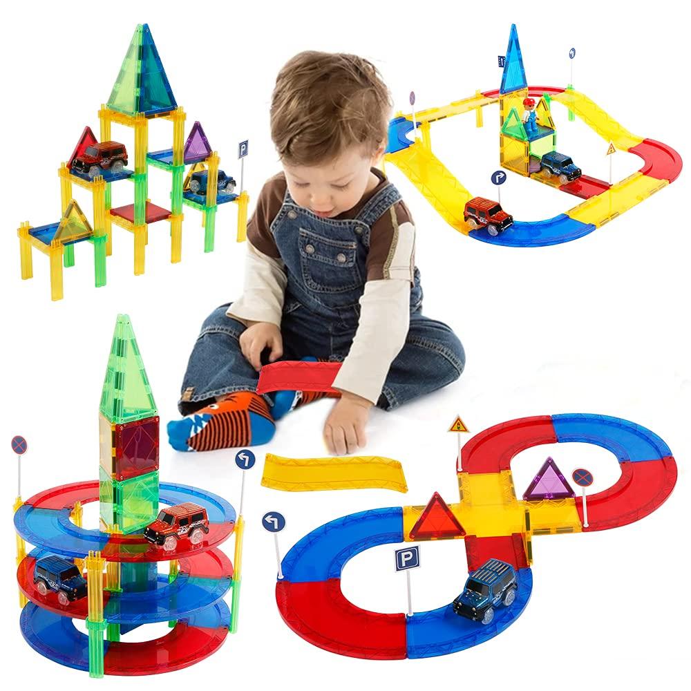 MAGBLOCK 82 Piece Magnetic Block Car Rail Set Car Panel Slope Magnetic Block Educational Toy Children Boys Girls Birthday Present Christmas Gift