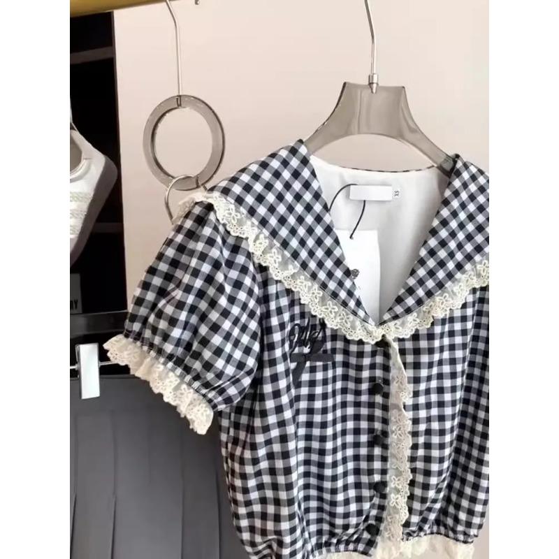 Dopamine Puff Sleeve Navy Collar Plaid Short-sleeved Shirt Women's Summer New Plaid Top Women's Short Style