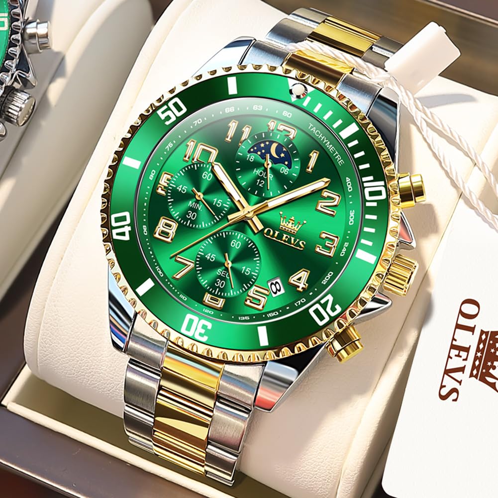 OLEVS Men's Watch, Gold and Silver, Analog, Quartz, Water-Resistant, Men's Watch, Green