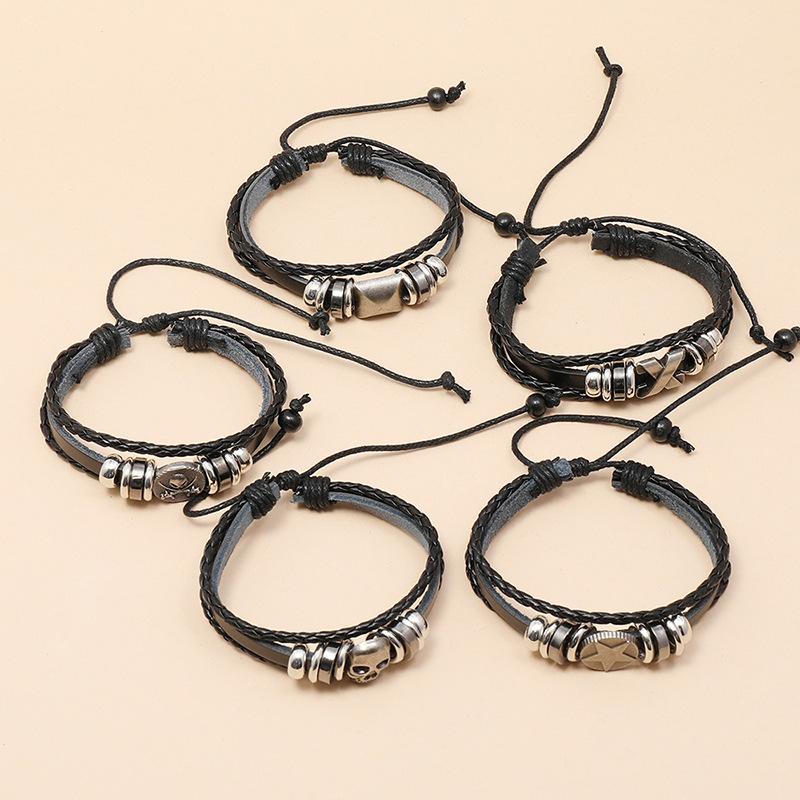 European and American New Accessories Punk Skull Hip-hop Trend Adjustable Rock Beads Men's Leather Bracelet
