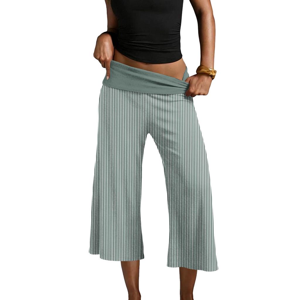 Women’s Striped Yoga Pants Loose Fit Wide Leg Cropped Trousers with Fold Over Waistband Comfortable Design for Daily Wear