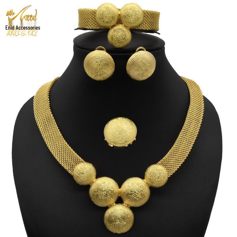 24K Dubai Gold Bridal Jewelry Set: Necklace, Bracelet, Earrings, Ring for African Women