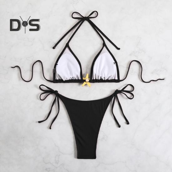 Damebikinisett med halterneck, sideknyting i to deler med sjøstjernedekor, sexy trekantbadedrakter for strandferie, varmt kildebasseng