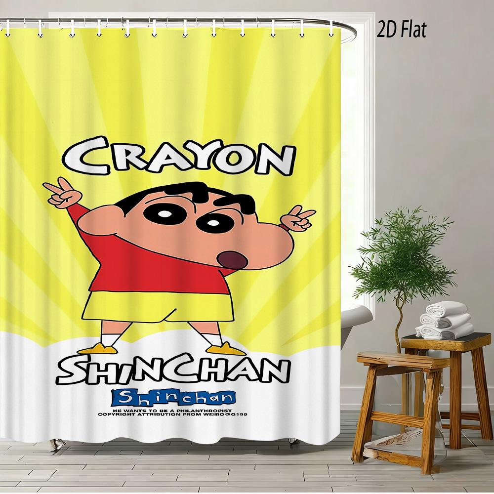 Crayon Shin-Chan & Shiro Best Friend Flying Scene 2D Print Waterproof Shower Curtain, Sweet Pink With Clouds & Daisies Bathroom