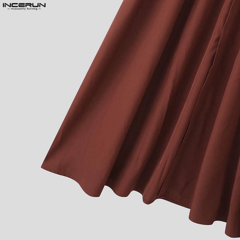 INCERUN Men Stand Neck Long Sleeve Button Up Casual Pleated Long Shirts Tops