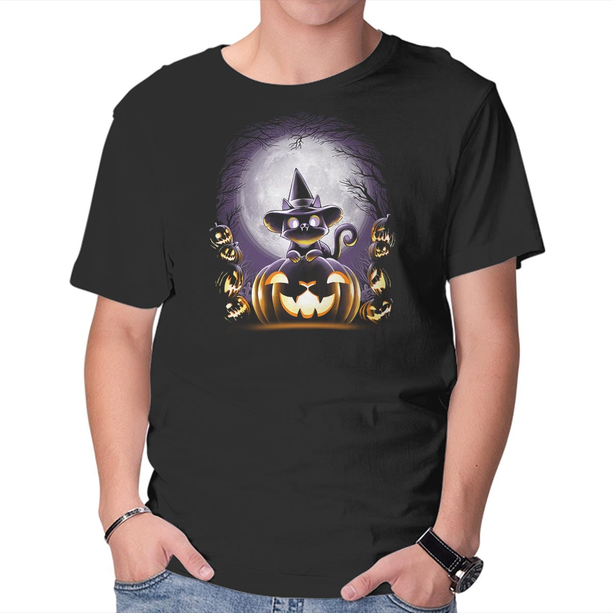 Unisex Crew Neck T-Shirt Witch-Cat Night Graphic Short Sleeve Casual Tee XXL