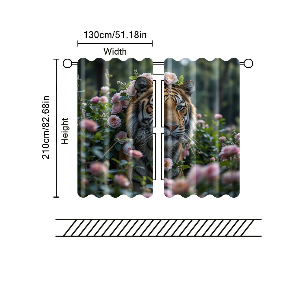 2 Pcs, Filtering Curtains (excluding Rods, Non-movable, Without Batteries) Flower Tiger for Use In Bedrooms and Living Rooms