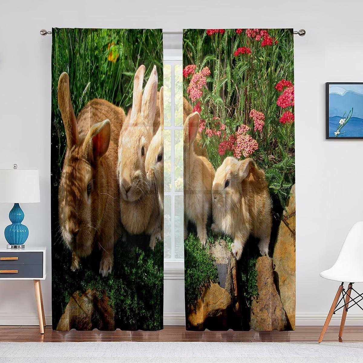 Прозрачные шторы с милыми котами и кроликами и маленькими животными для гостиной — фото 14