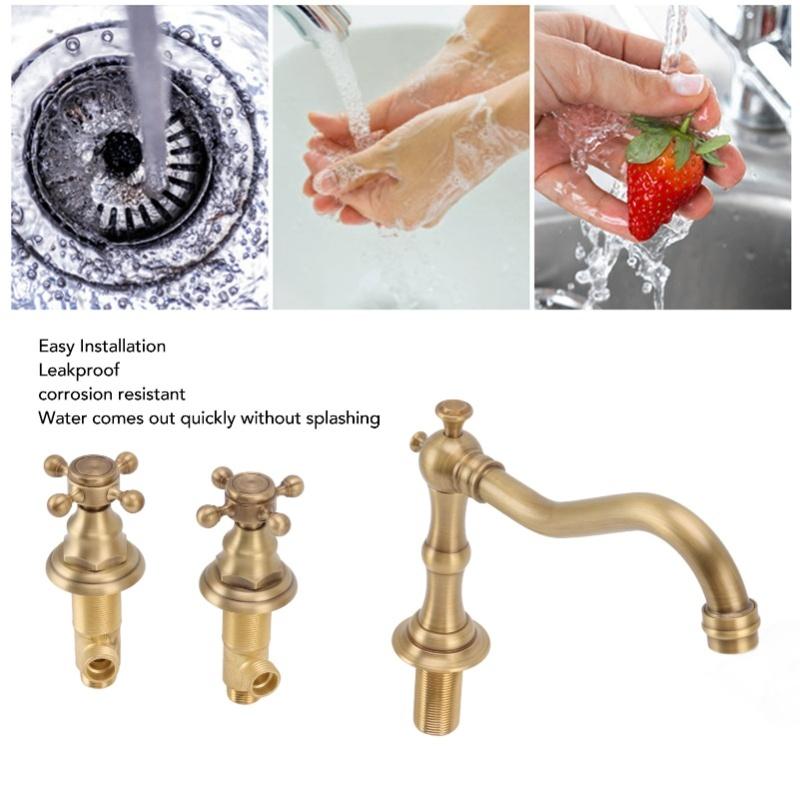 Double Handle Faucet Copper Leakproof Corrosion Resistant Beautiful G1/2 Thread Three Hole Bathroom Basin Faucet Antique