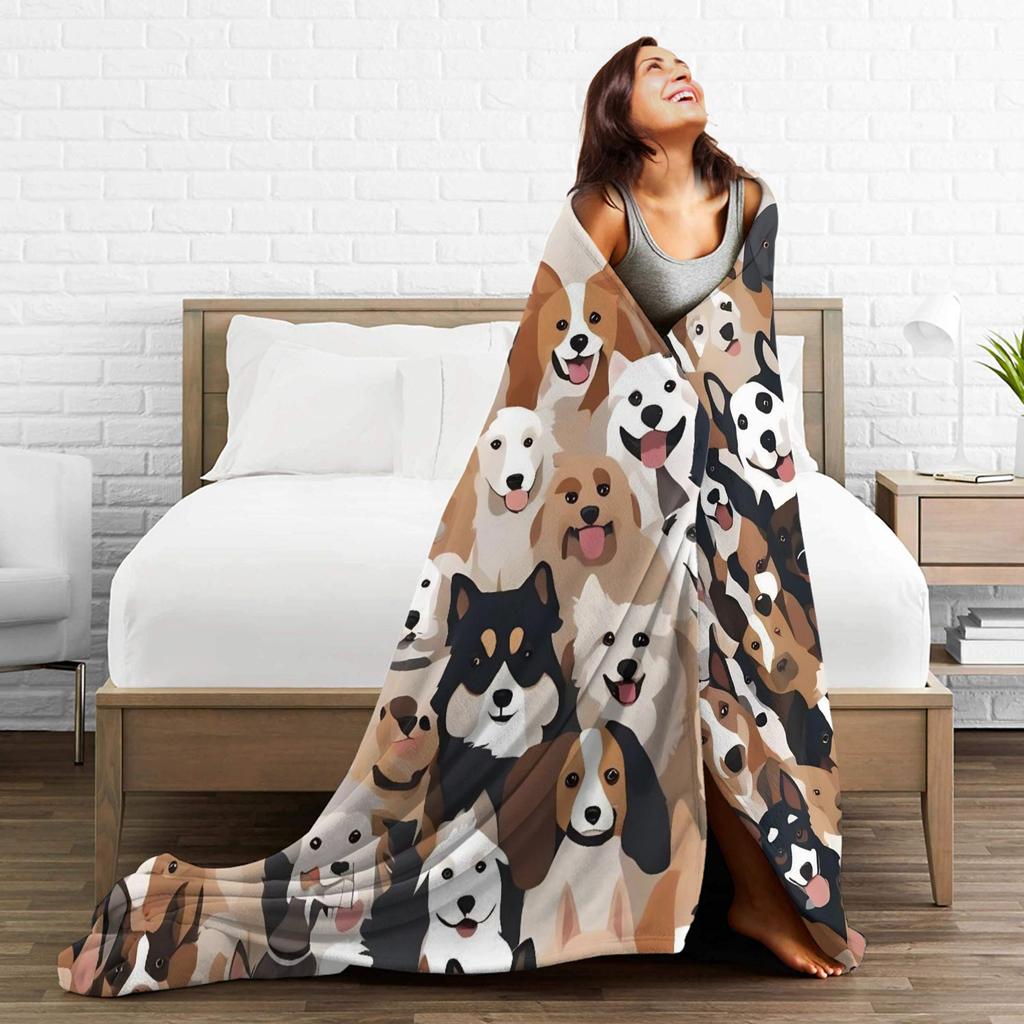 Retro Vintage Art Cute Dogs Flannel Blanket Winter Warm Soft Bedding Throws Couch Chair Aesthetic Bedspread Sofa Bed Cover