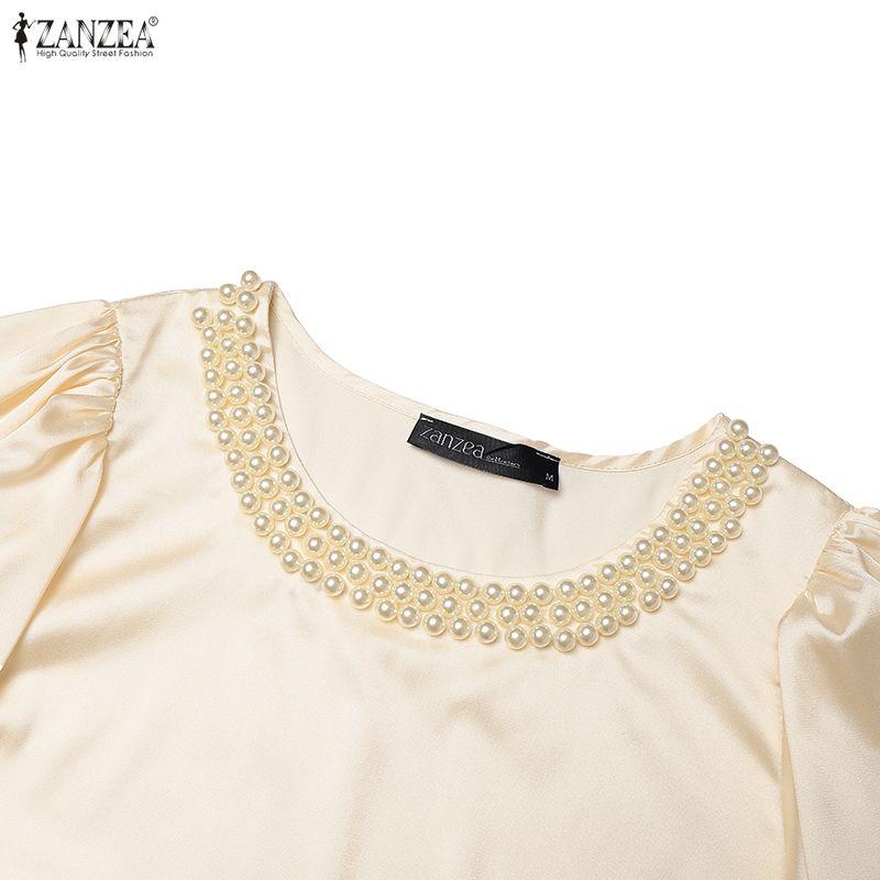 ZANZEA Women Pearl Splice Round Neck Casual Short Sleeve Satin Blouse