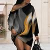 Women Plus Size One Shoulder Long Sleeve Abstract Gradient Print Black Pink Dress