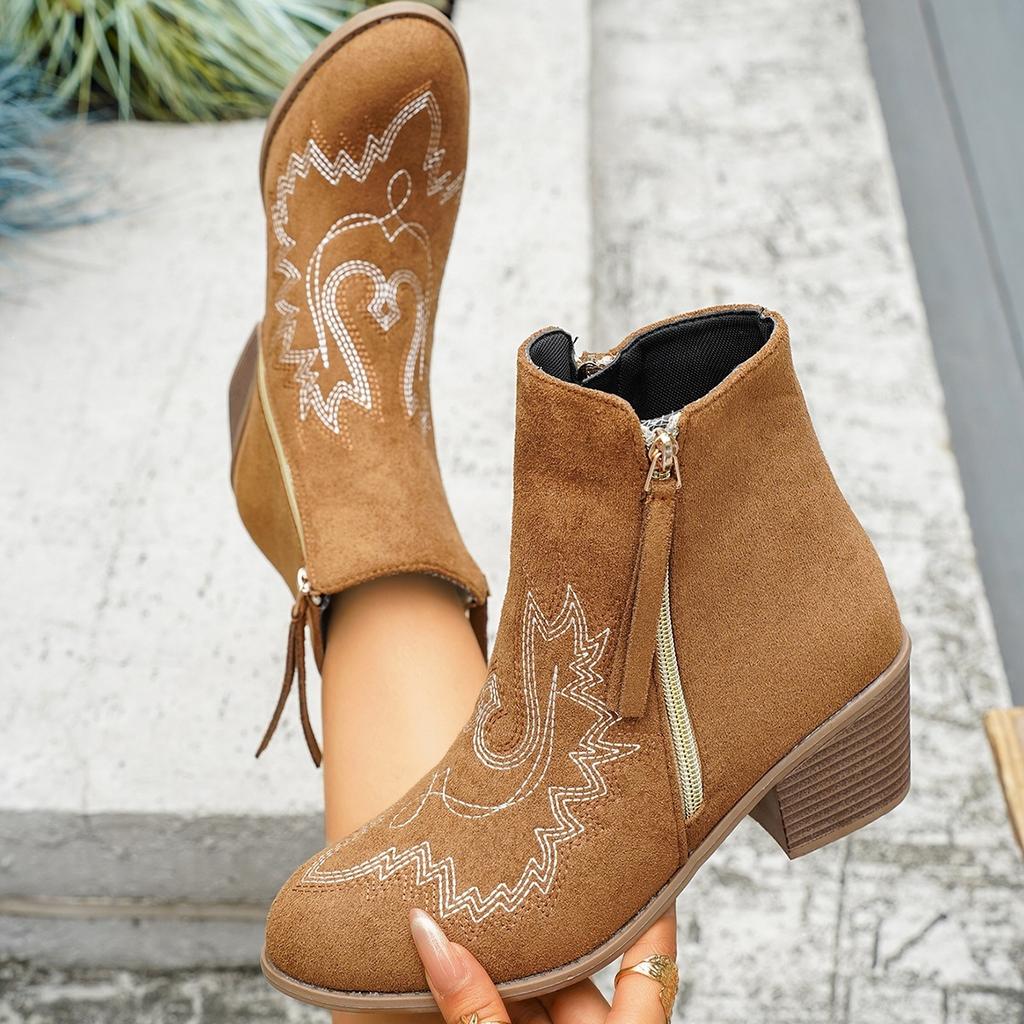 Women Embroidery Printed Pointed Toe Block Heel Chelsea Ankle Boots, European Style Short Tube Fashion Booties For Autumn