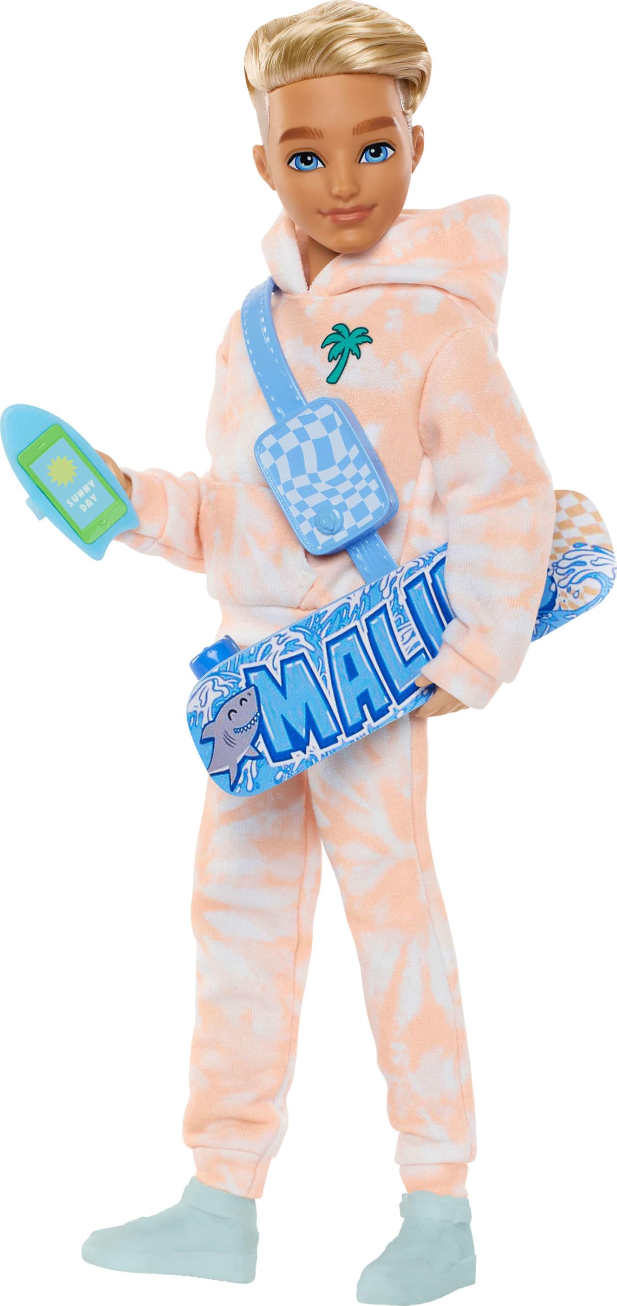 

Кукла Барби Dream Bestie и аксессуары, Кен, подвижная модная кукла со съемной одеждой и светлыми волосами, 9 предметов на летнюю и скейтбордическую тематику