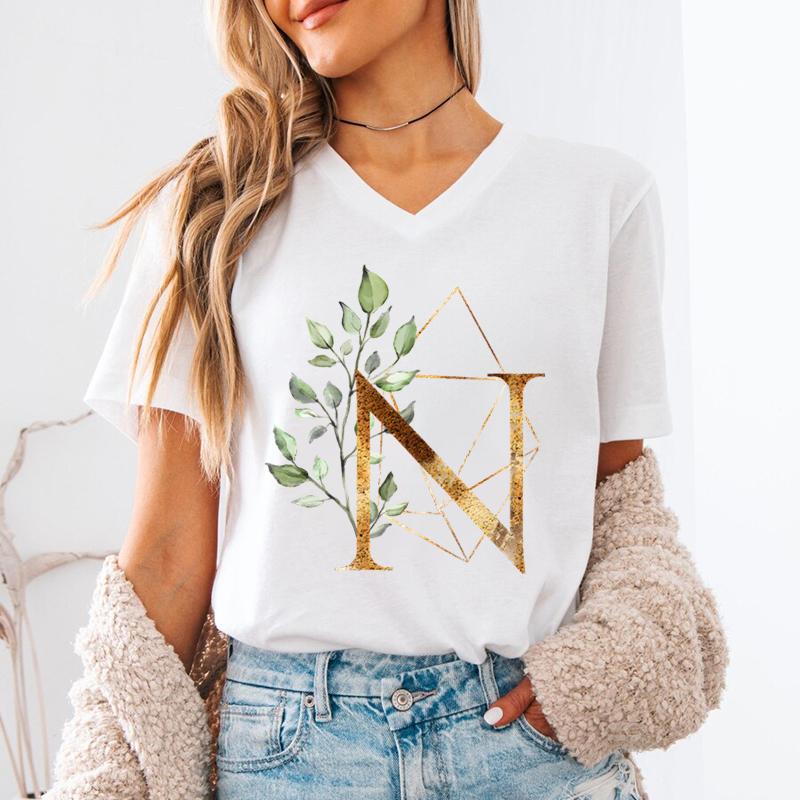 Pink Flower Letters Az Print Tshirt 26 Alphabet Unisexs Vneck Tshirt Flower Letter A B C D Short Sleeve Female Tees Tops