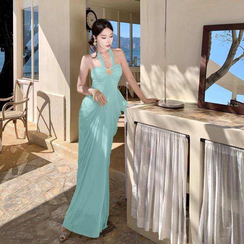 French Celebrity Premium One Shoulder Mesh Long Dress Skirt Vintage Tube Top Dress