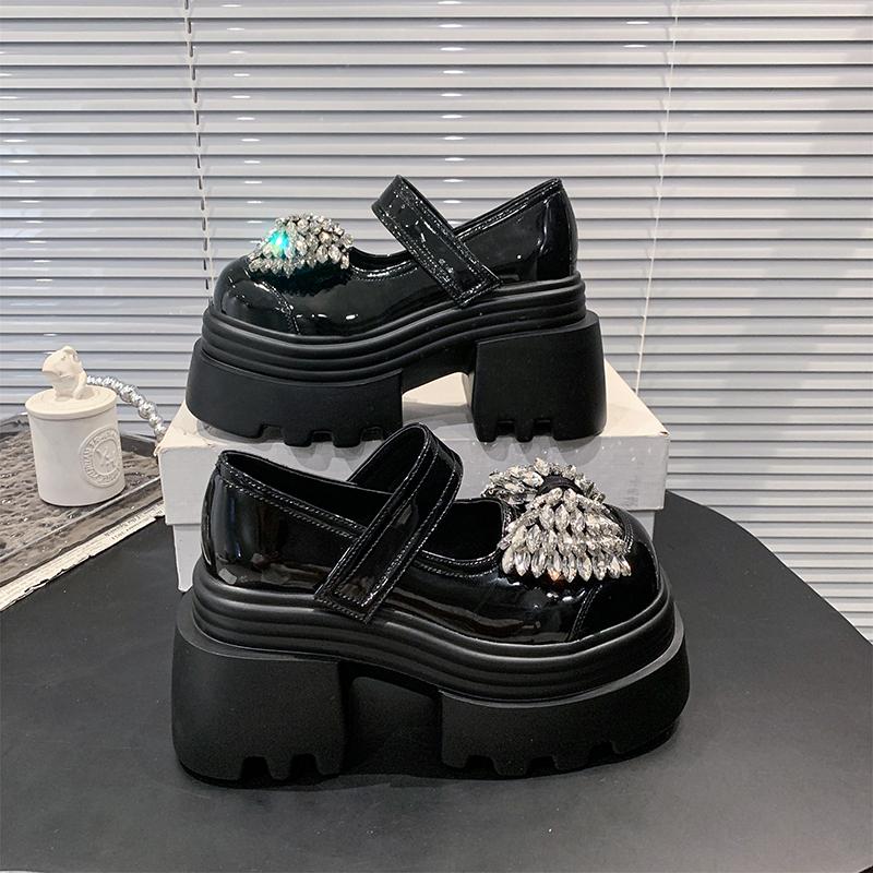Fashion 10cm New Microfiber Leather Designer Platform Wedge Round Toe Pumps Crystal Flats Hook Women Fashion Mary Jane Loafer Shoes