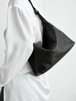 Sac Hobo Bandoulière Minimaliste Noir en Cuir Tanné Végétal - Grand Capacité Décontracté Épaule Fourre-tout pour Femme