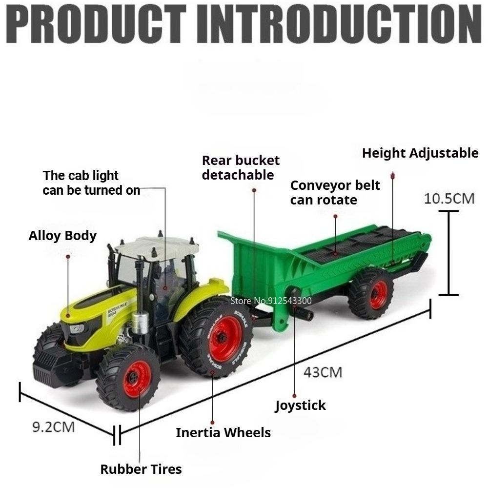 1:24 Scale Agricultural Conveyor Belt Alloy Tractor Model Toy Metal Body Rubber Tire Wheel Steering Miniature Models Hobby Gifts