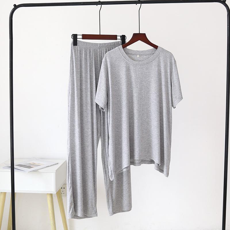 

Весна и лето Новая женская пижама с короткими рукавами + брюки из двух частей, модальный тонкий свободный большой размер, однотонный домашний костюм XL