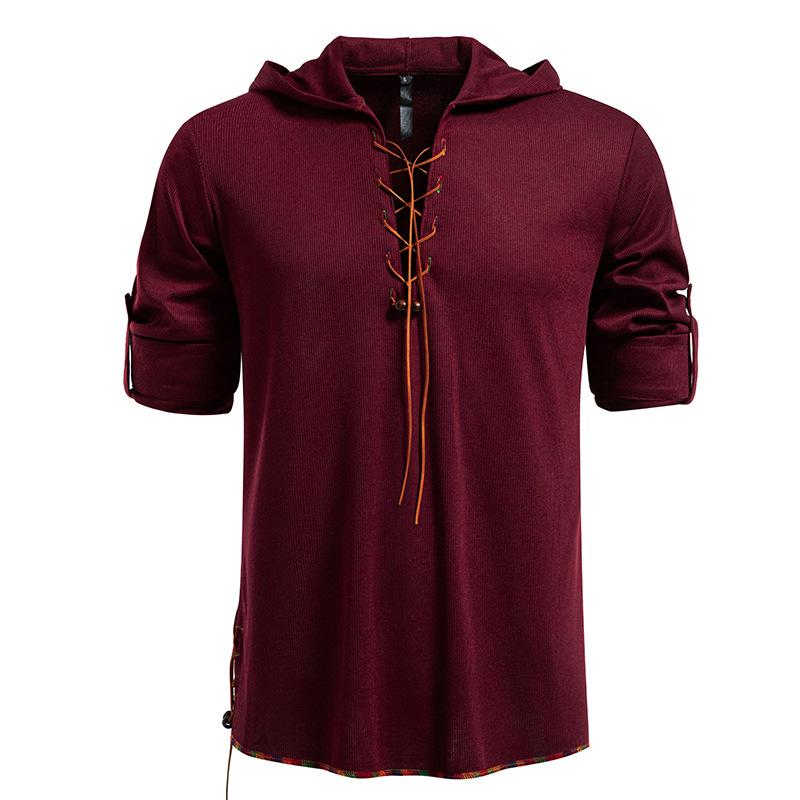 Men's Lace-Up Hooded T-Shirt Casual Retro Top for Men Spring Autumn Fashion Adjustable Sleeve Multi-Color Male Blouse