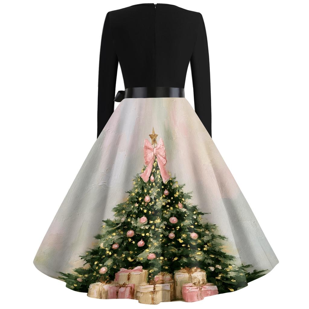 Women's Vintage V-Neck Long Sleeve Christmas Print Casual Dress