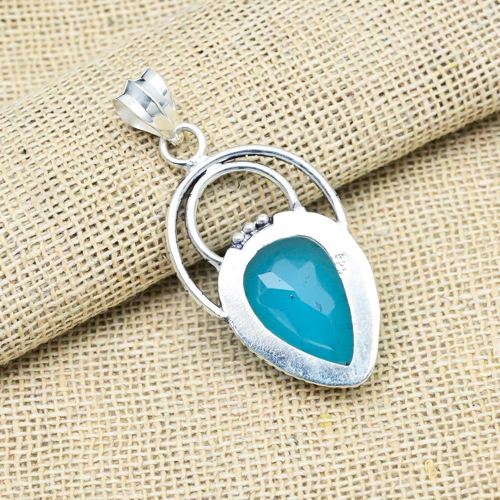 Blue Chalcedony Gemstone 925 Solid Sterling Silver Jewelry Pendant Necklace Gift For Mom