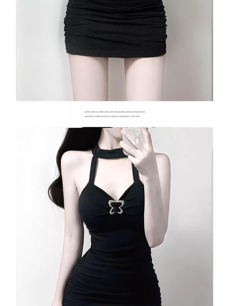 Black Two-Piece Sexy Outfit: Figure-Hugging Short Skirt, Cardigan, and Halterneck Camisole Bodycon Set