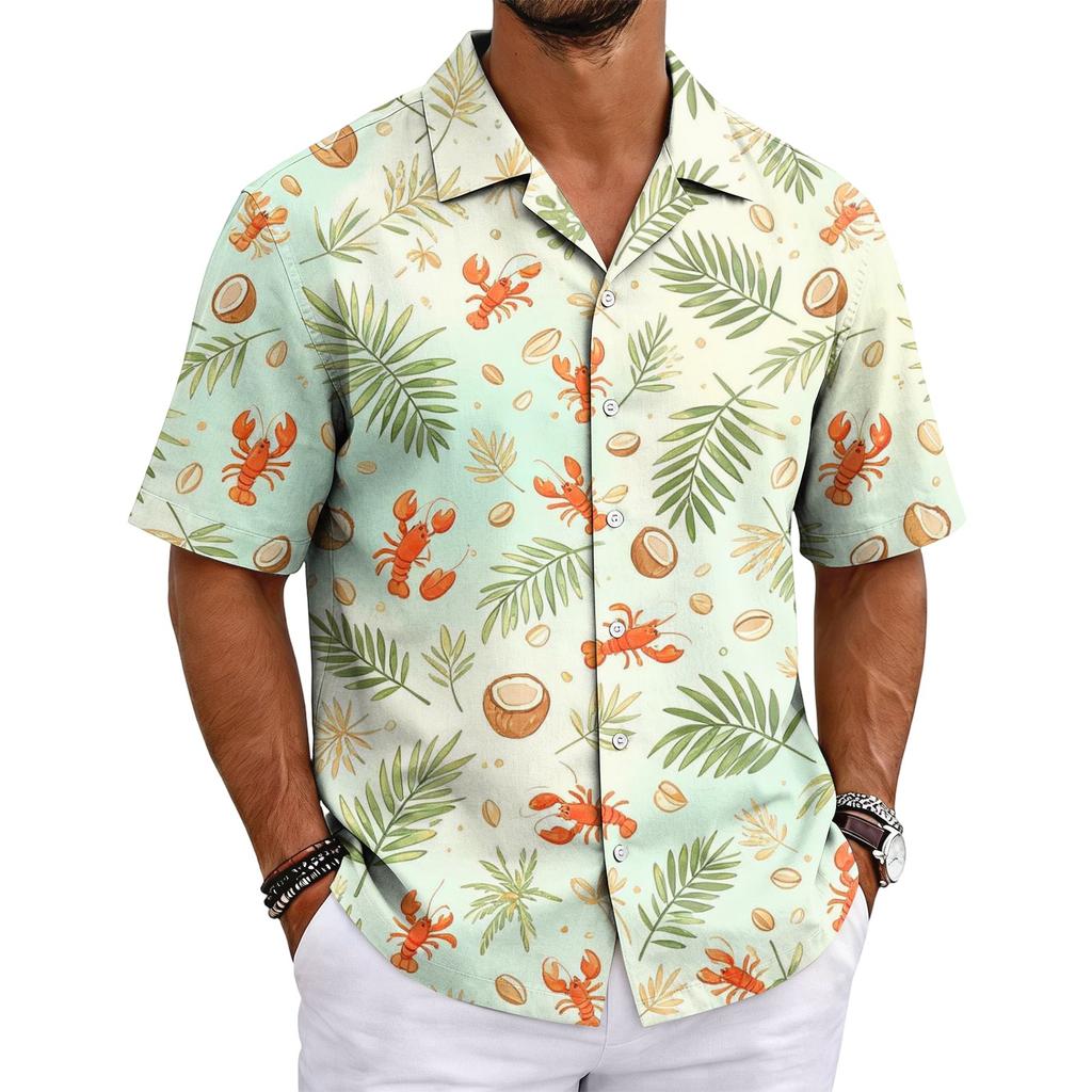 Camicia da uomo estiva basic con colletto cubano a maniche corte, bottoni, casual, leggera, stampa hawaiana con aragoste