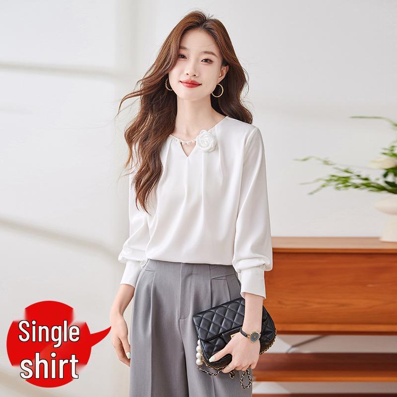 Женская ретро-рубашка с жемчугом, шик, цветочный принт, весна 2026 - Французский дизайн для деловой поездки XXL белый