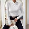 Womens Cross Collar Long Sleeve Slim Fit Solid Pleated Pullover T Shirt