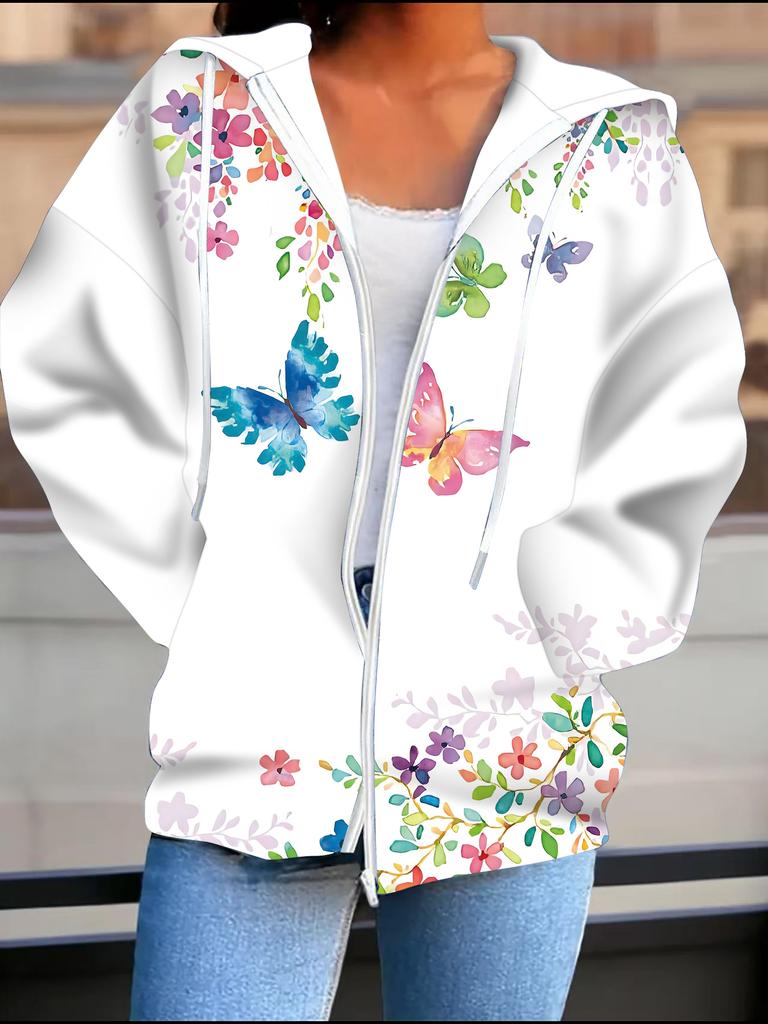 Flower 3D Printed Hooded Cardigan Plus Size Autumn Winter Retro