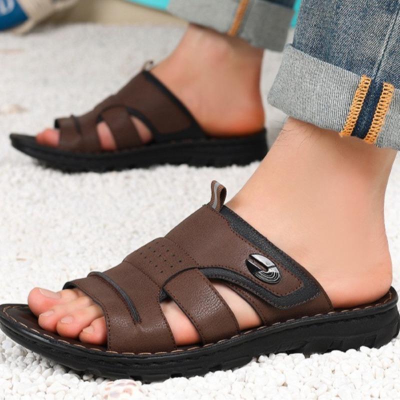 Large Size Men Slippers High Quality Cowhide Leather Slippers Summer Casual Beach Slippers Outdoor Non-slip Flat Sandals for Men