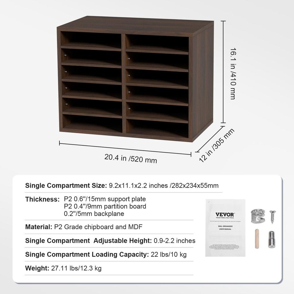 Literature Organizers, 12 Compartments Office Mailbox with Adjustable Shelves, Wood Literature Sorter 20.4x12x16.1 inches for Office, Home, Classroom,