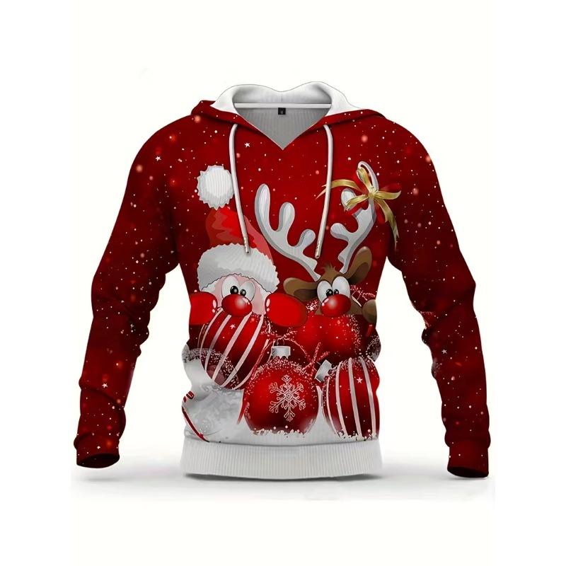 Módní pánská vánoční mikina s kapucí a stahovací šňůrkou z polyesterové tkaniny pro sváteční nošení s dlouhým rukávem a 3D potiskem