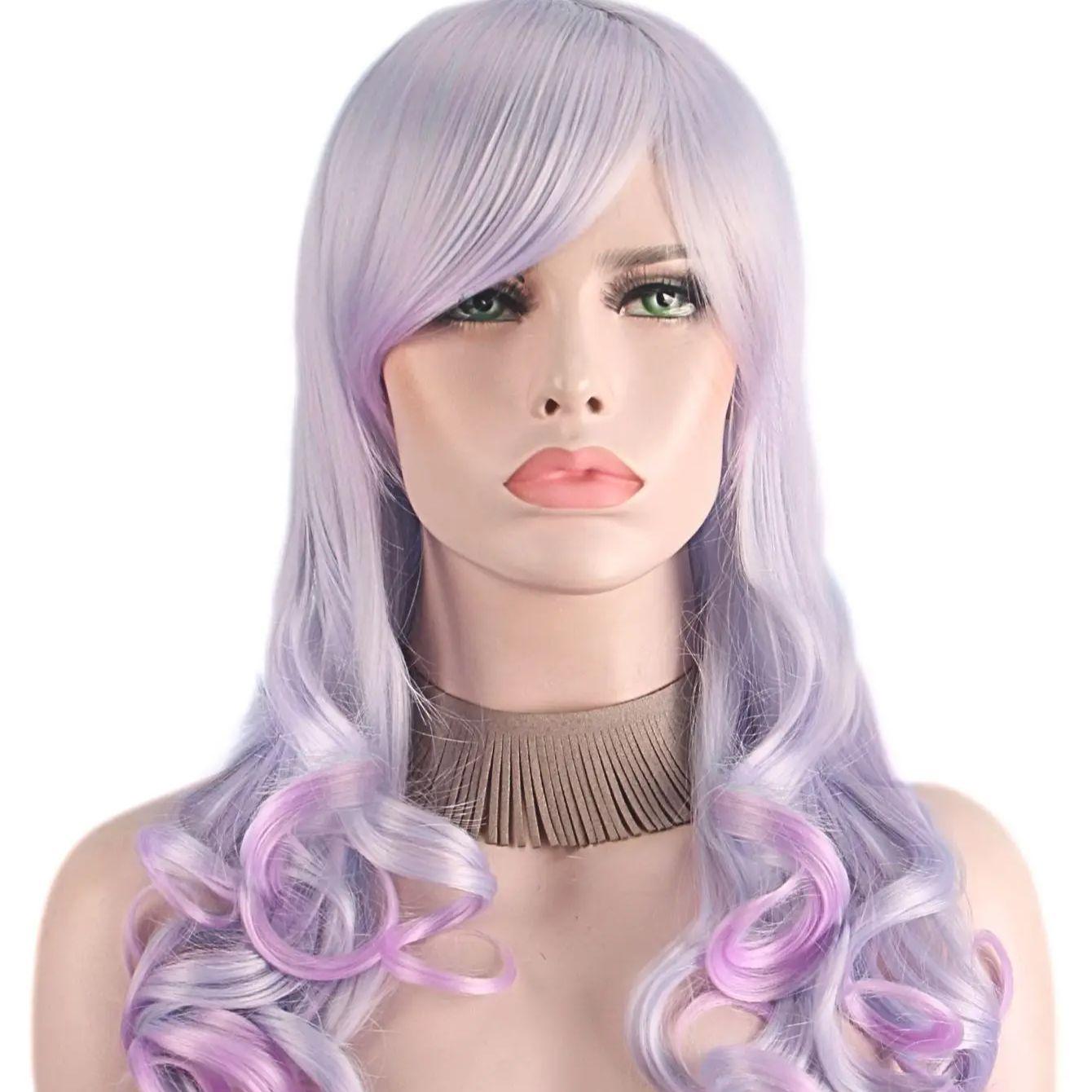 

Dreamy purple curly hair wigs with center part bangs high temperature fiber synthetic wigs for women cosplay costume gifts фиолетовый