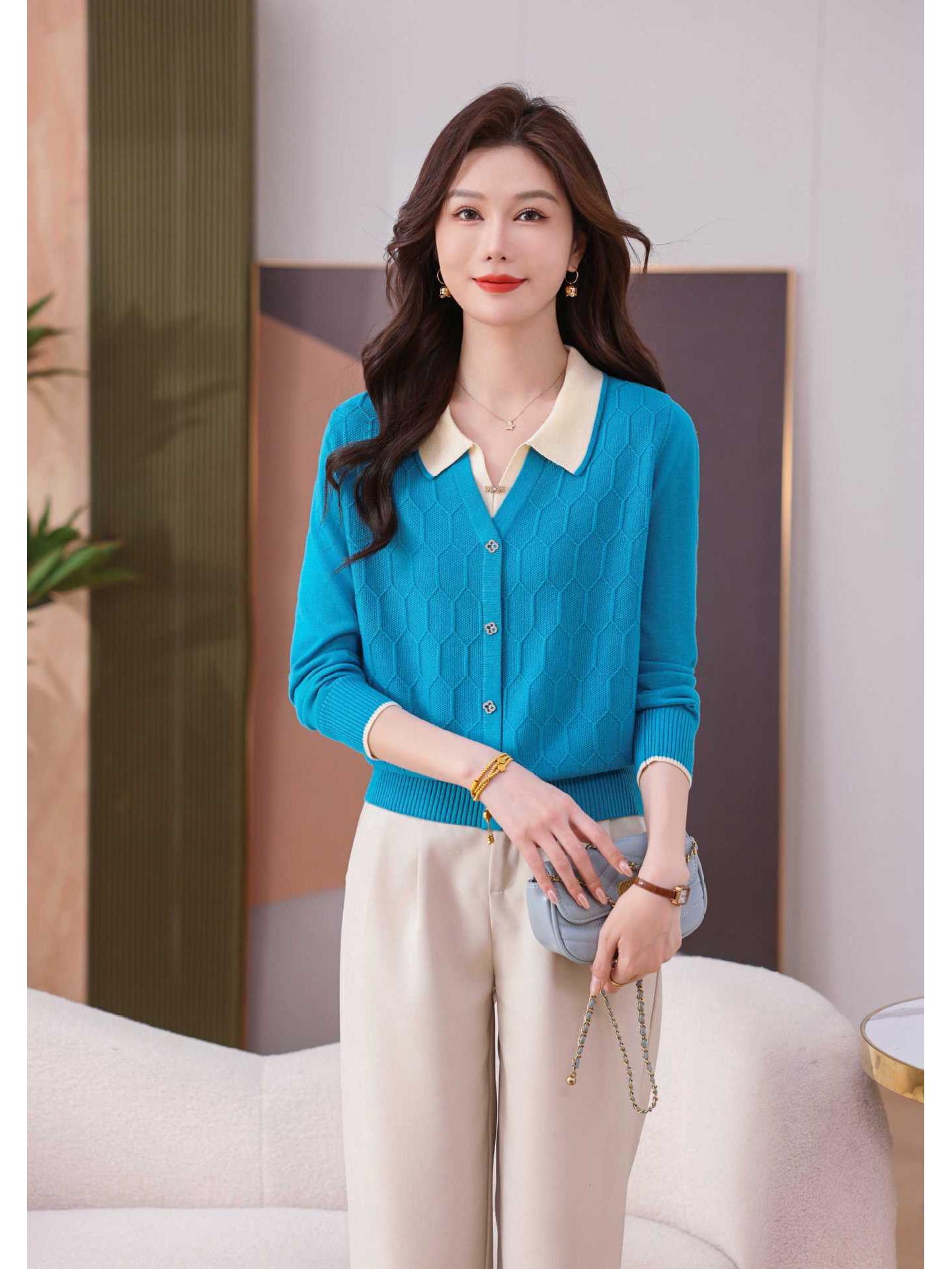 

Стильный женский шерстяной свитер: Приталенный дизайн с лацканами и длинными рукавами для весны и осени XL синий