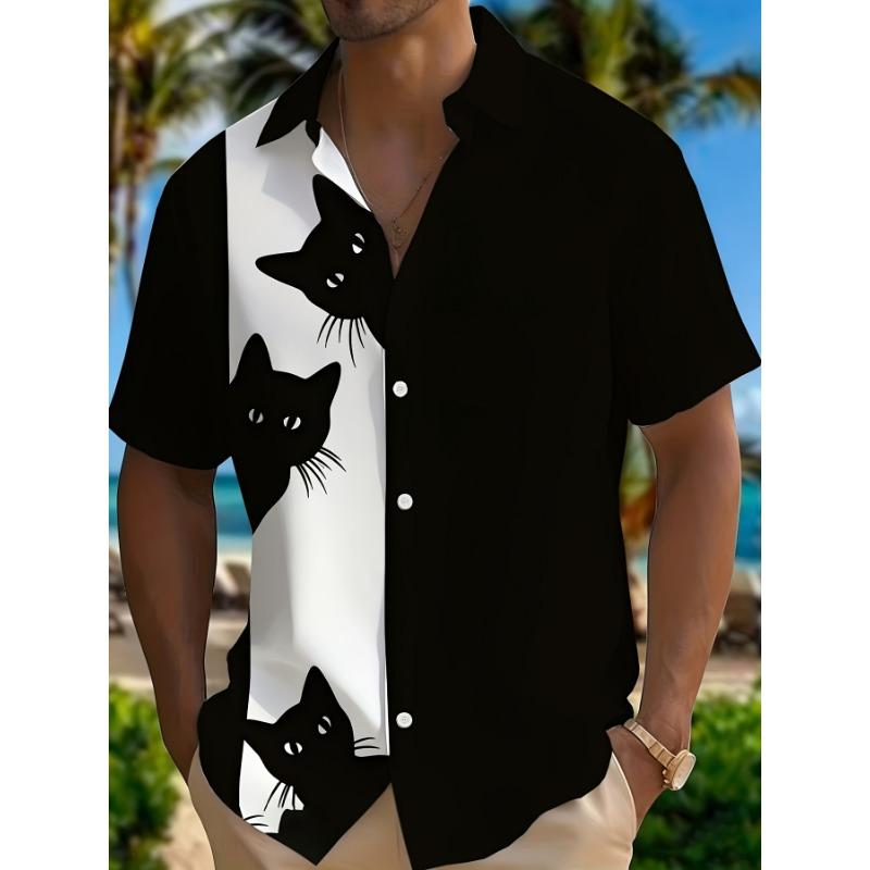 Men's Black Cat Print Lapel Shirt, Breathable and Skin-friendly Fabric, Summer Travel and Casual Party Wear