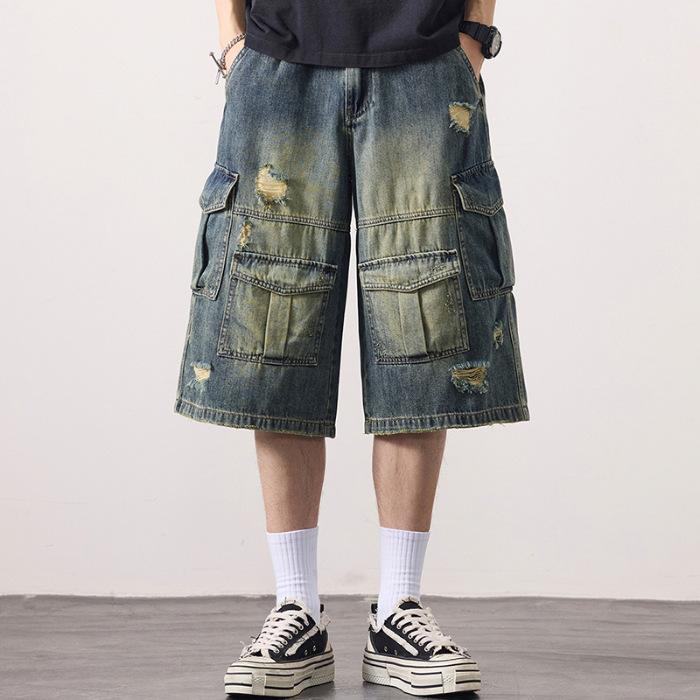 

Американские ретро джинсовые шорты карго с несколькими карманами, мужские летние свободные широкие укороченные брюки 40