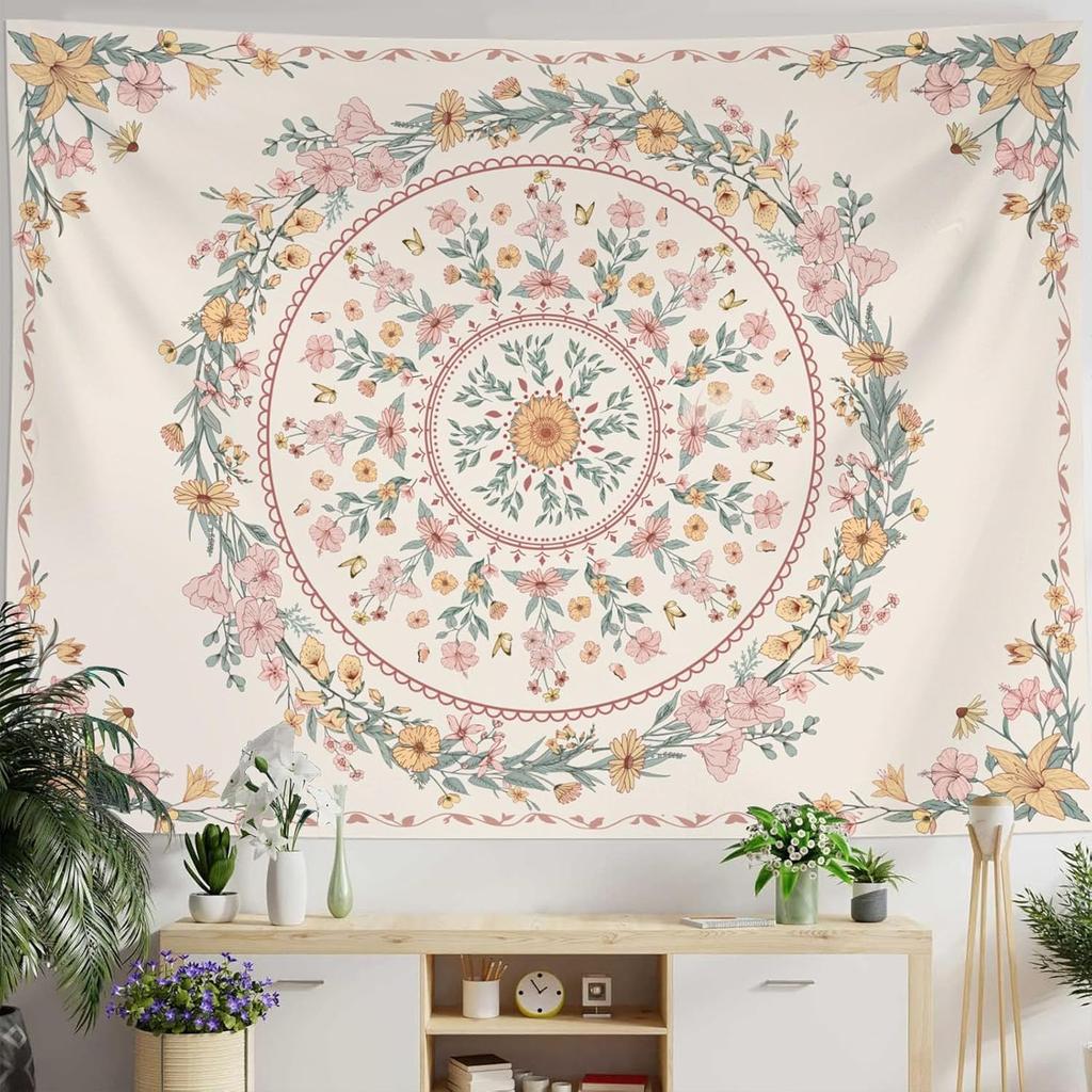 Bohemian Tapestry Wall Hanging, Beige Pink Floral Tapestry With Wild Flower Medallion Print Bedroom Boho Home Decor,White Wreath