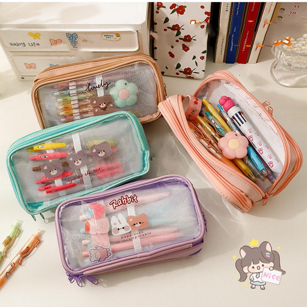 Transparent Pencil Case Cute Cartoon Pattern Large Capacity Waterproof PVC Pen Case Pencil Storage Bag Purple Bear Bunny