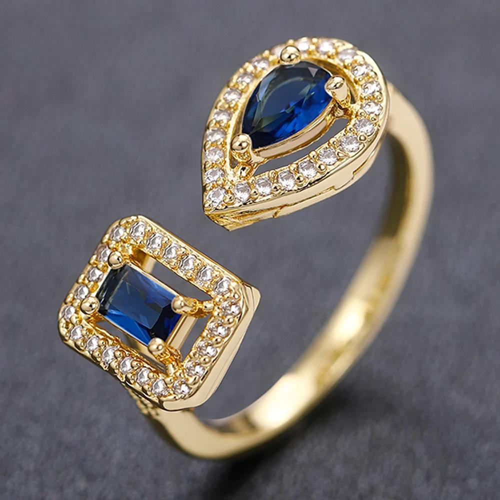 Huitan Geometric Shaped Cuff Opening Rings for Women Copper Color/Gold Color Noble Cubic Zirconia Ring Accessory Fashion Zircon