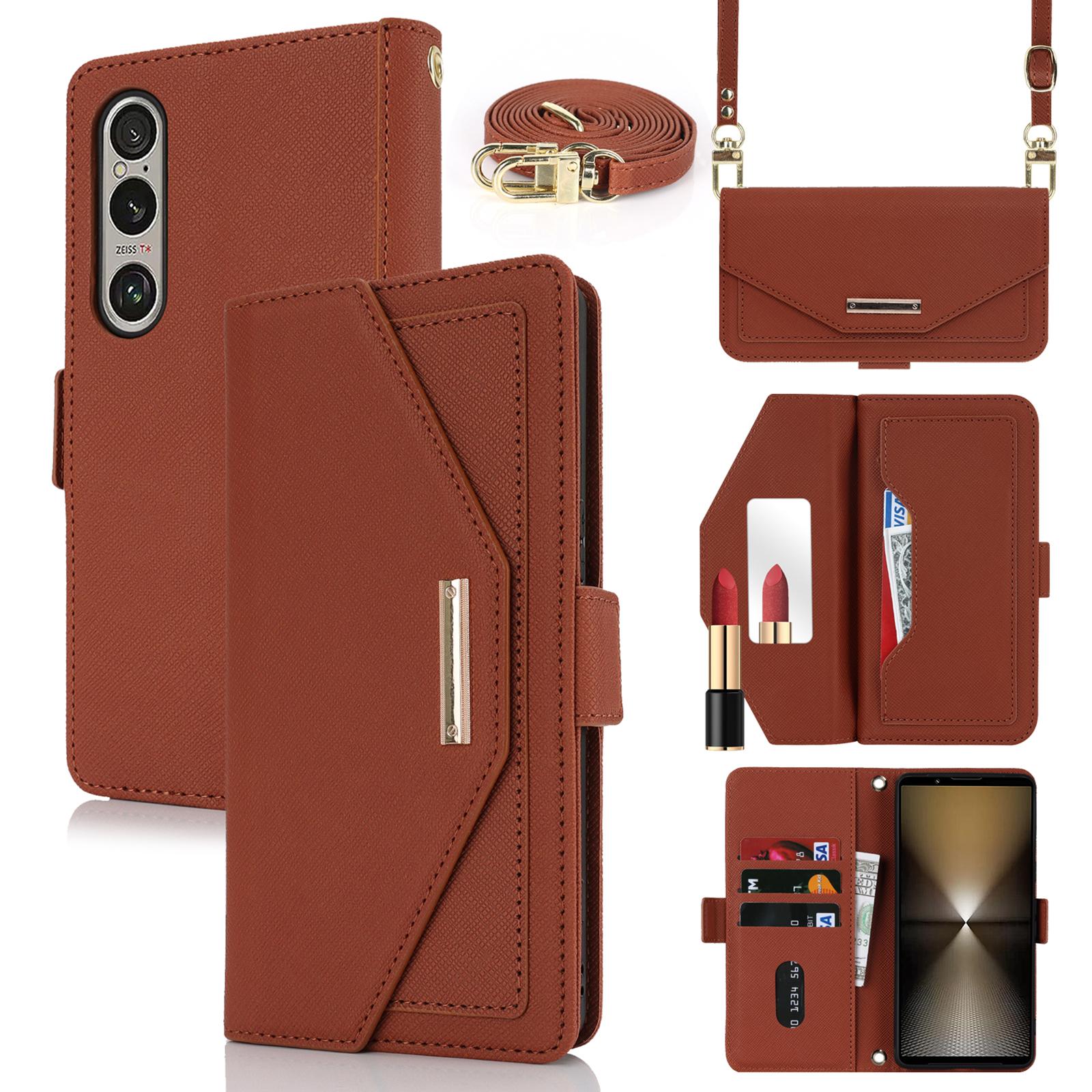 

For Sony Xperia 1 VI Stand Case Cross Texture PU Leather Wallet Phone Cover with Shoulder Strap/Makeup Mirror Brown