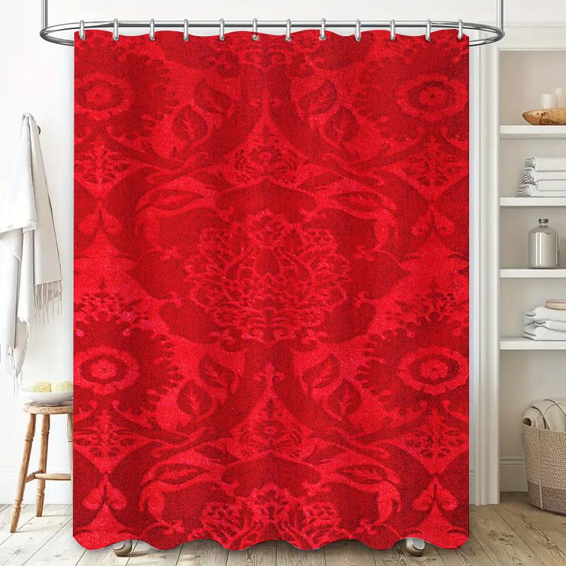 Red Floral Shower Curtain Embroidered Fabric Waterproof Bathroom Decor