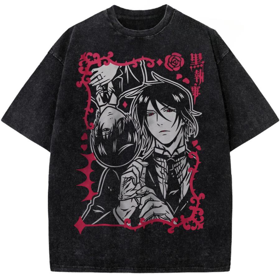 Anime Black Butler Michaelis Sebastian Phantomhive Ciel Print Tshirt Men Women Cotton Tshirt Retro Washed T Shirt Manga Tops S
