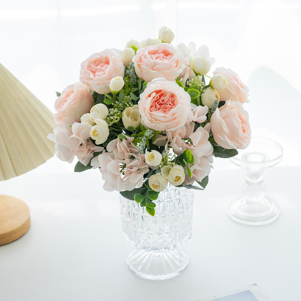 White Green Artificial Flower Bouquet, Fake Silk Roses & Peony with Eucalyptus for Home Wedding Decor