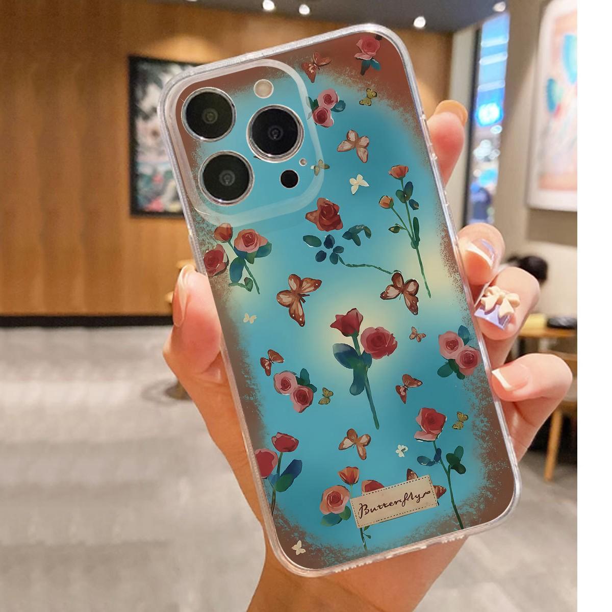 Drop-proof Transparent Floral Butterfly Case for iPhone 14/15/16/17 Pro Max Series Xiaomi POCO M4 Pro 5G прозрачный