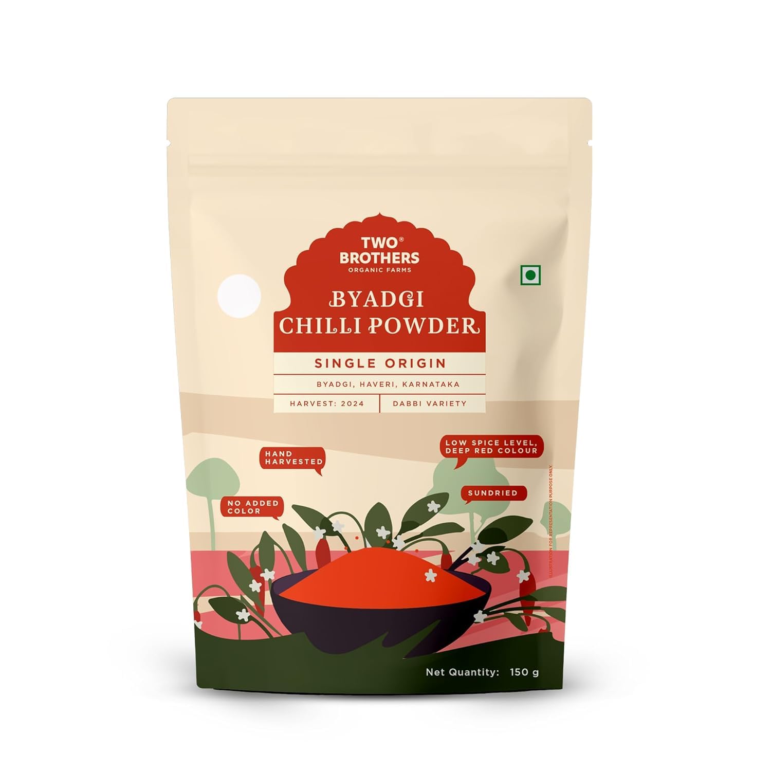 Two Brothers Organic Farms Premium Single Origin Byadgi Chilli Powder Low Spicy Mild Red Chili Pepper Spice For Cooking 150g